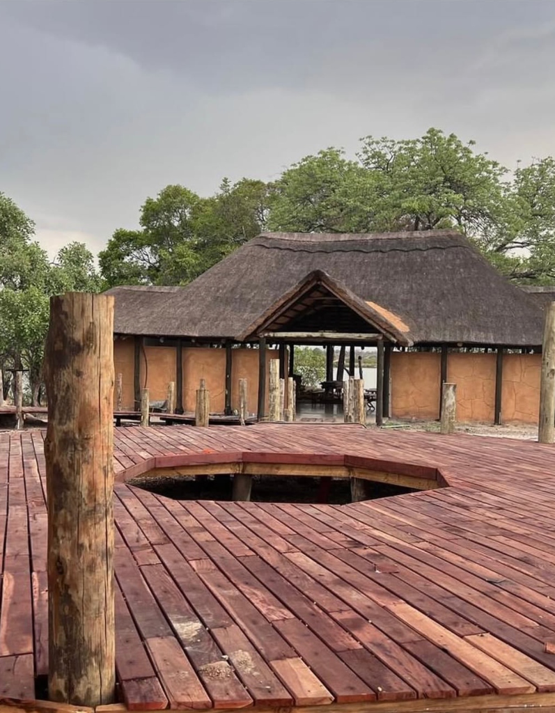 Luxury safari lodge deck overlooking Kafue River